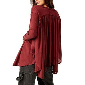 Free People We The Free Lyrical Flowy Tunic Top Ribbed Sleeves Burgundy Size S